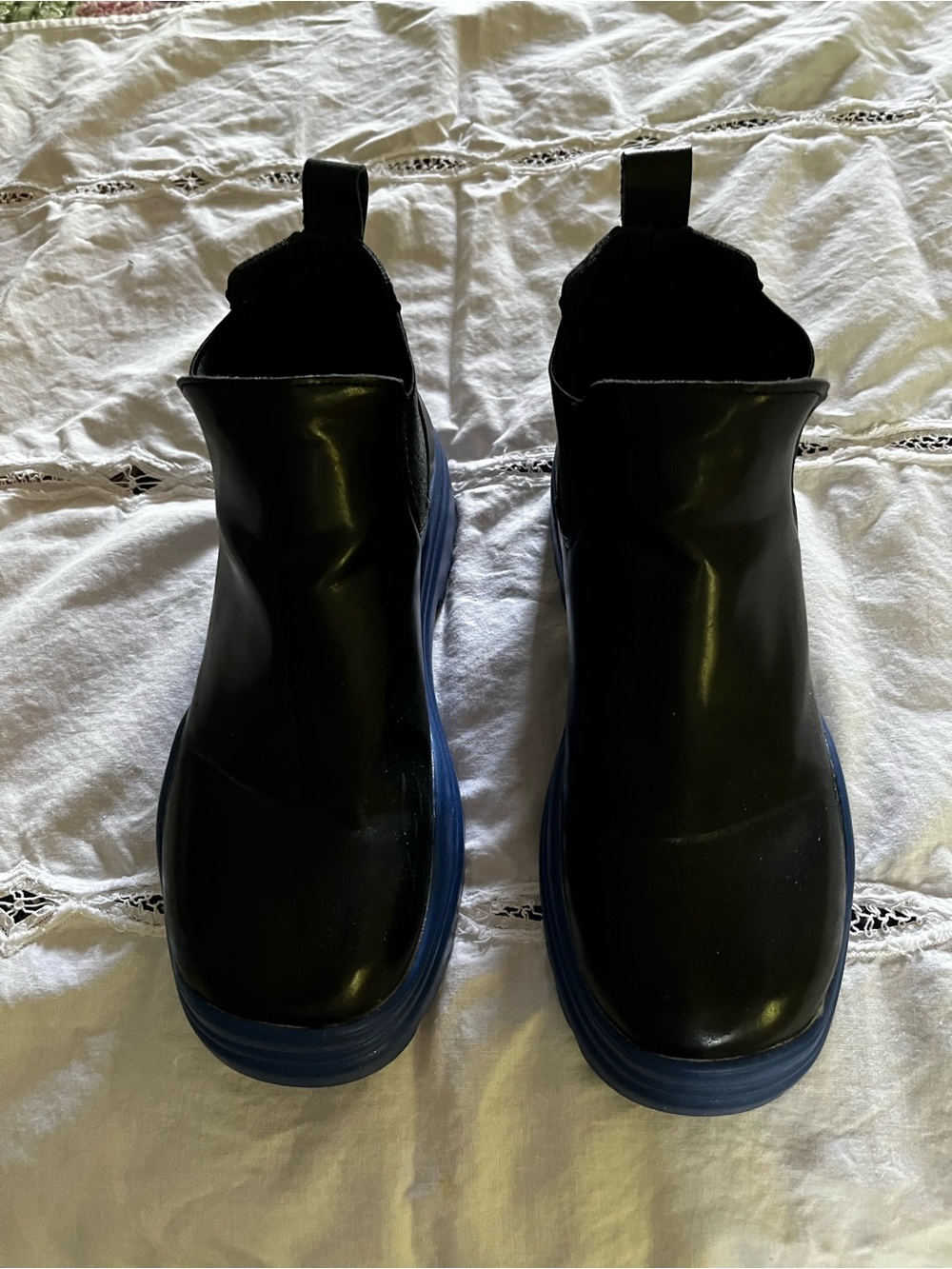 Black Chelsea Rain Boots with Blue Soles